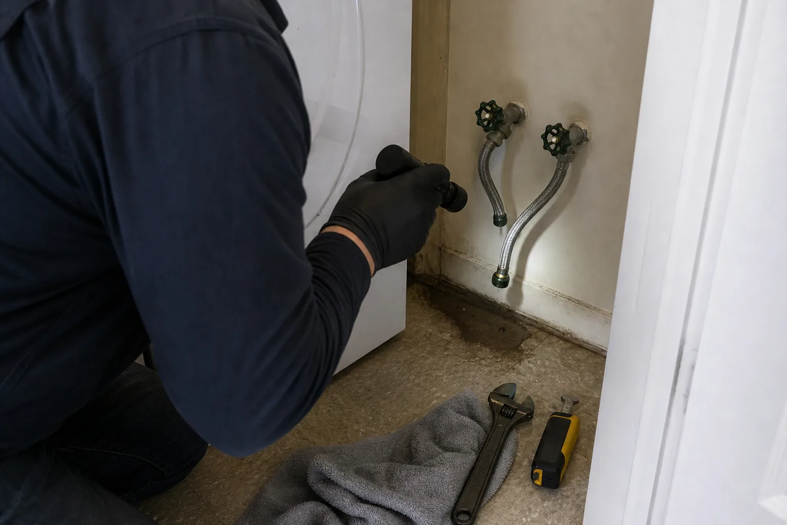 A split supply hose behind a washing machine and a wet laundry-room floor - for Dishwasher Leak Damage in Chula Vista, CA