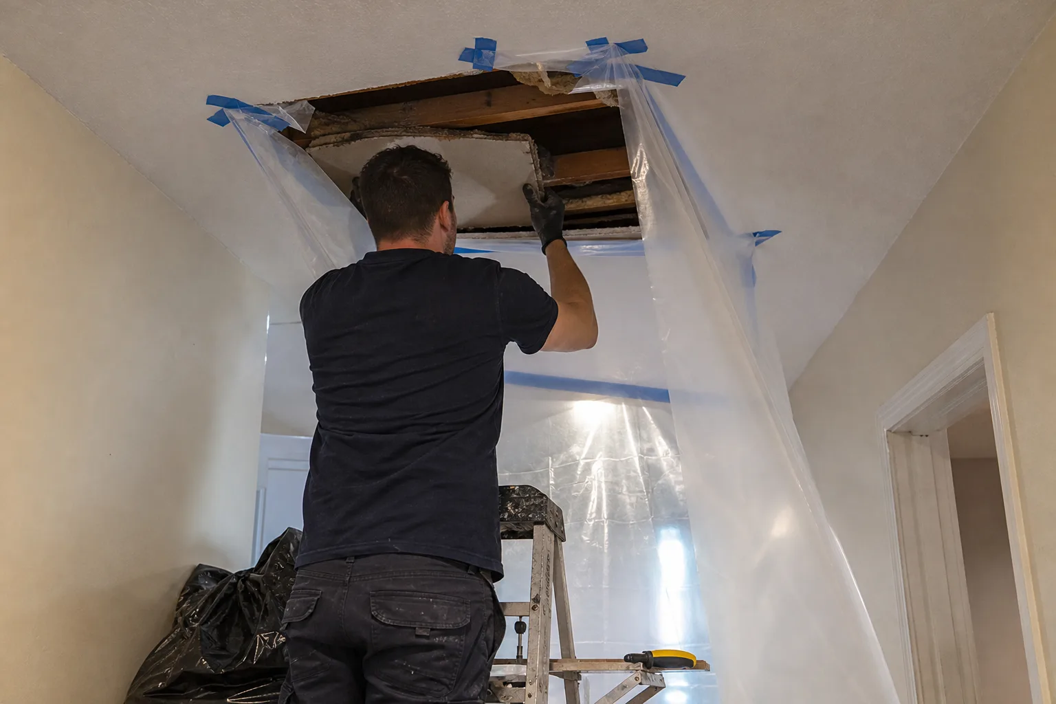 A technician cutting open a wet ceiling inside a taped plastic containment - for Duplex and Townhome Water Damage in Chula Vista, CA