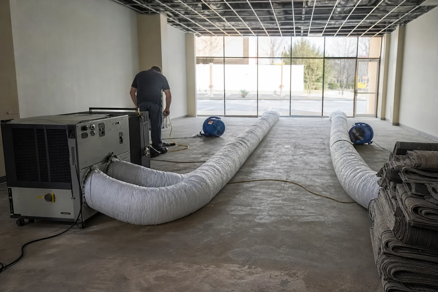 An industrial desiccant dehumidifier ducted into an empty commercial space - for Commercial Water Damage in Chula Vista, CA