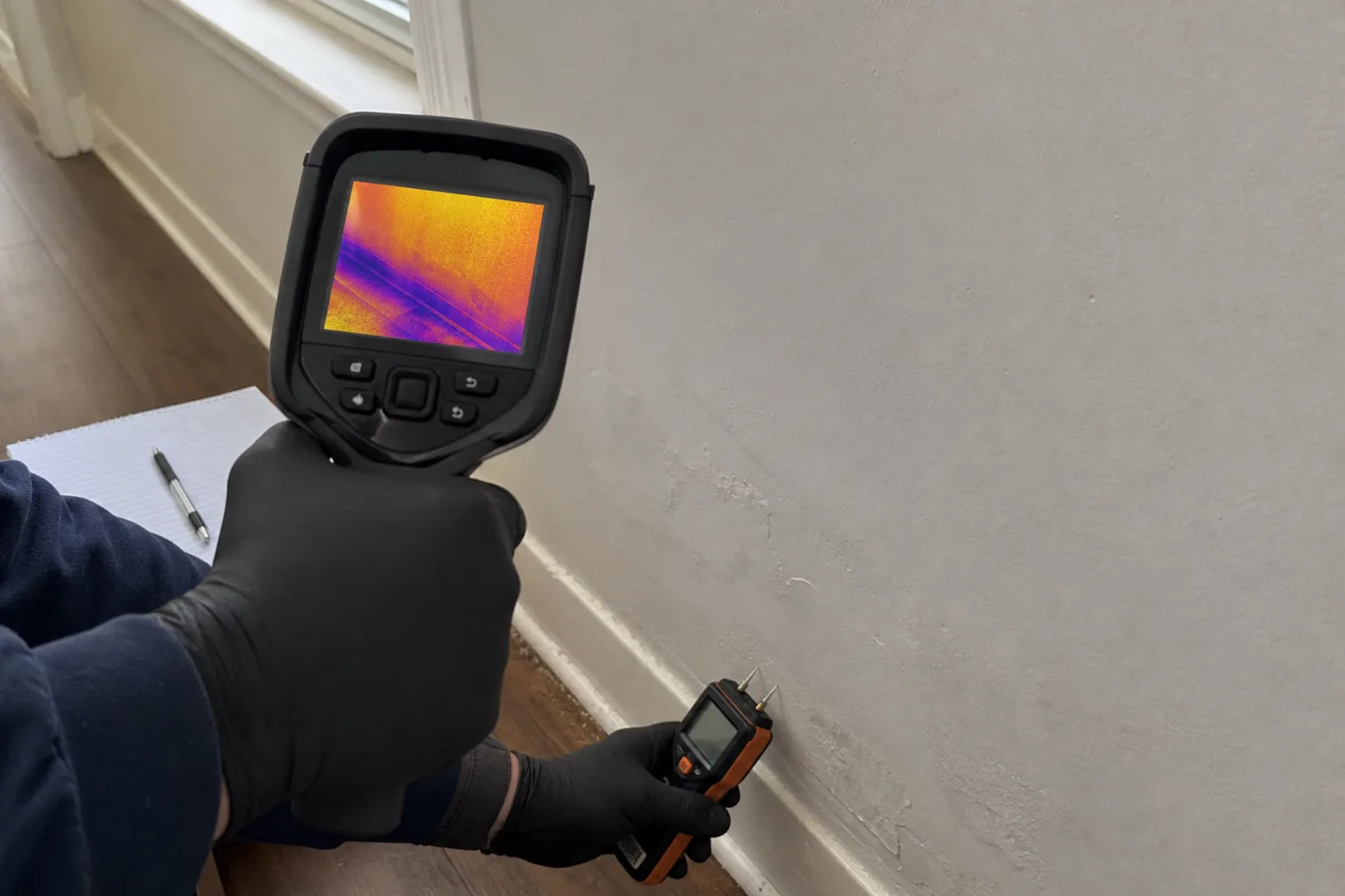 Gloved hands using a thermal camera and a moisture meter on a hallway wall - for Structural Drying and Dehumidification in Chula Vista, CA