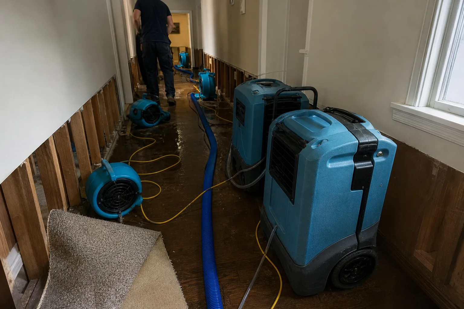Commercial dehumidifiers and axial air movers set up in a flooded residential hallway - for Emergency Water Removal in Chula Vista, CA