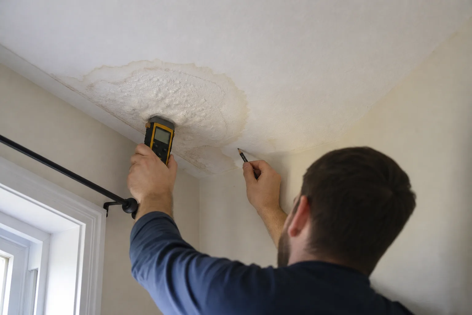 A stained ceiling corner with a moisture meter marking the wet area - for water damage in Chula Vista, CA