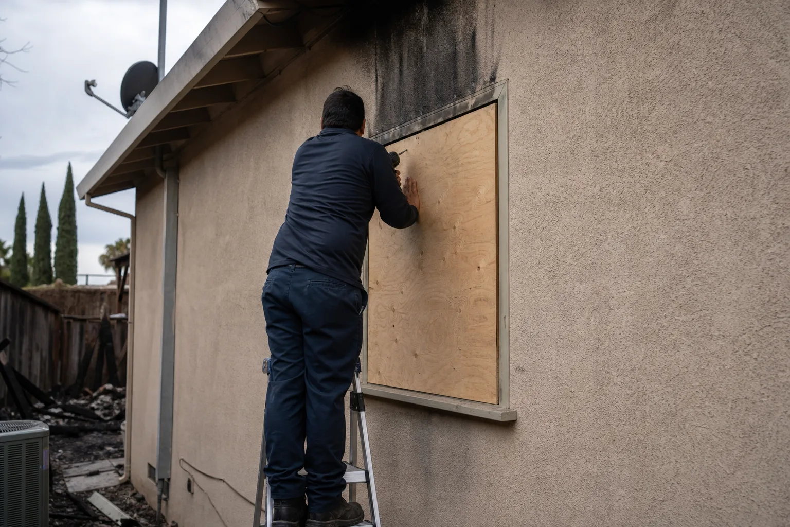 A technician boarding up a fire-damaged window with a plywood panel - for Emergency Board-Up and Fire Water Mitigation in Chula Vista, CA