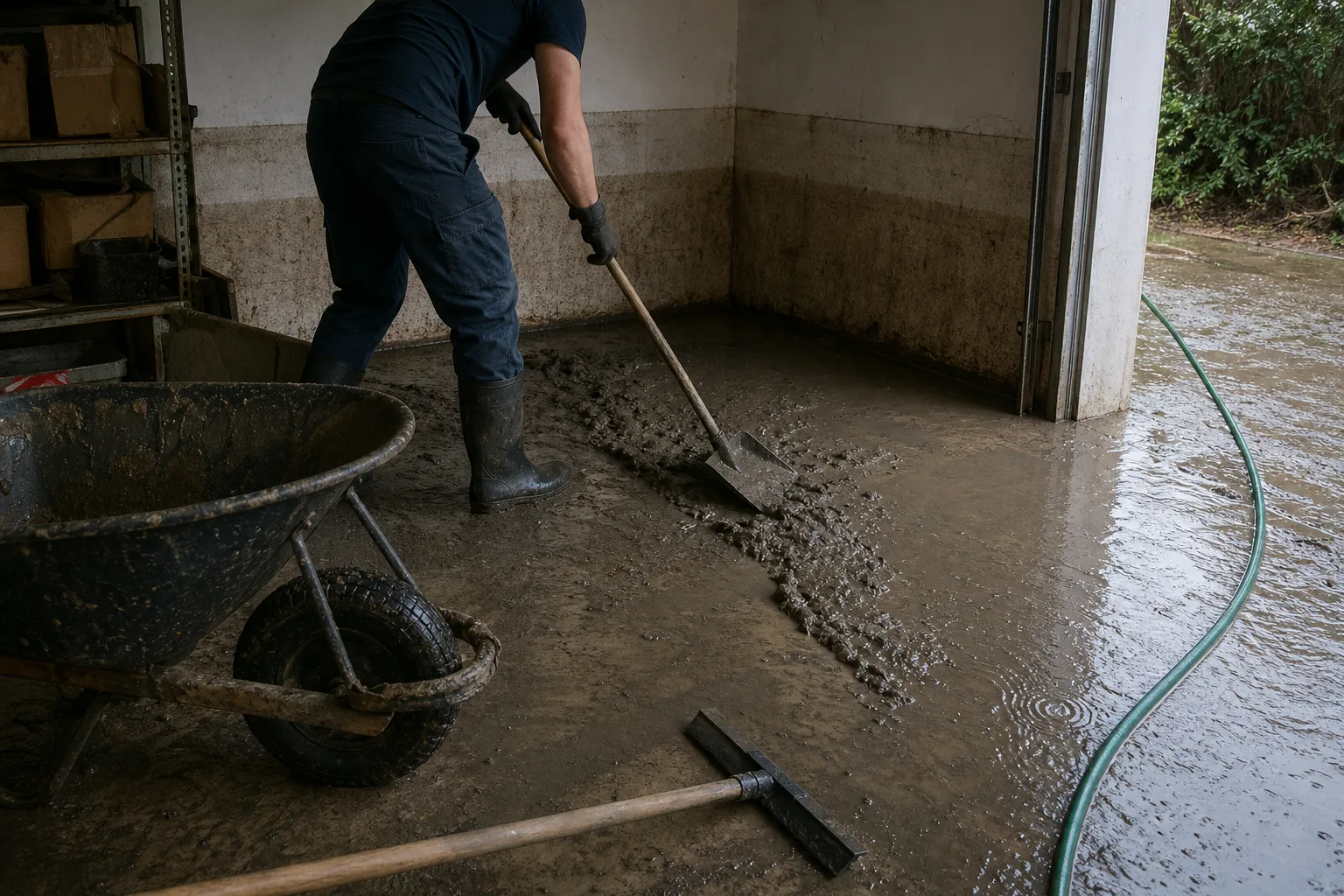 Silt being shoveled off a garage floor after a flood - for Flood Damage Restoration in Chula Vista, CA