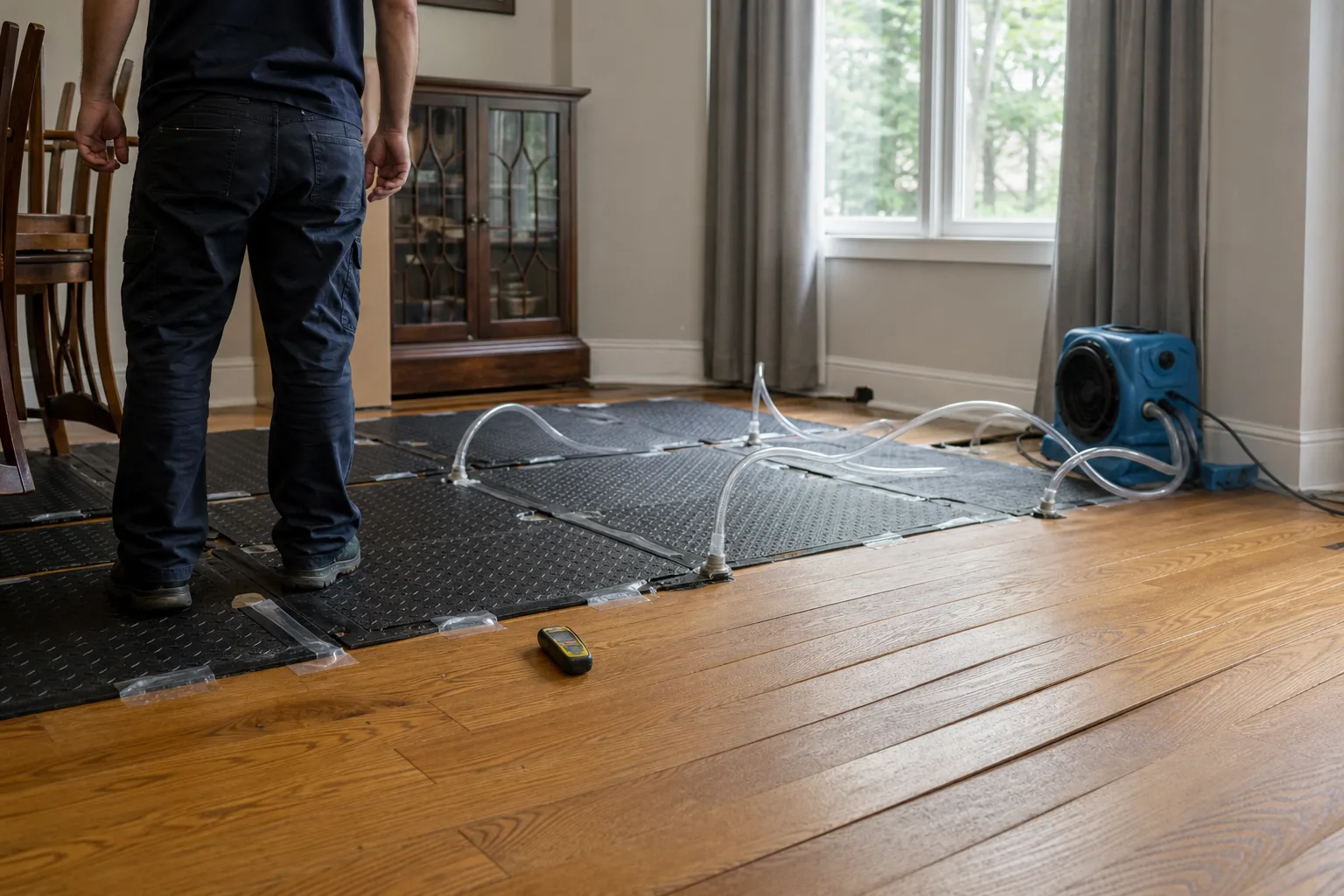 Hardwood floor drying mats connected by hoses in a dining room - for Wet Carpet and Flooring Drying in Chula Vista, CA