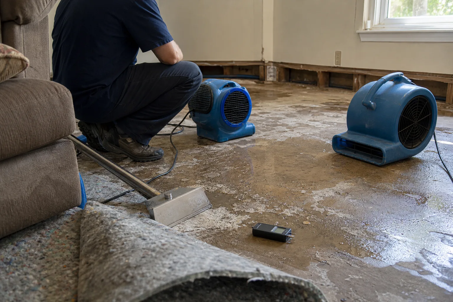 A technician in navy work clothes setting up air movers to dry a wet living-room floor - for water damage in Chula Vista, CA
