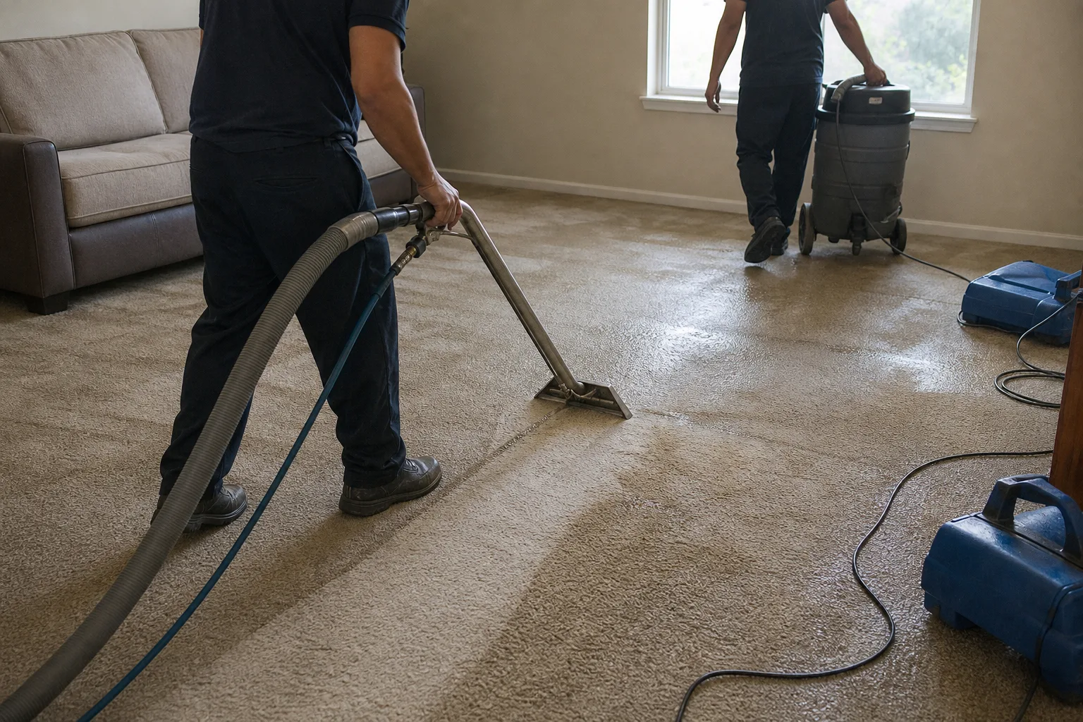 A technician extracting standing water from a carpeted floor with a wand - for Cabinet and Vanity Water Damage in Chula Vista, CA