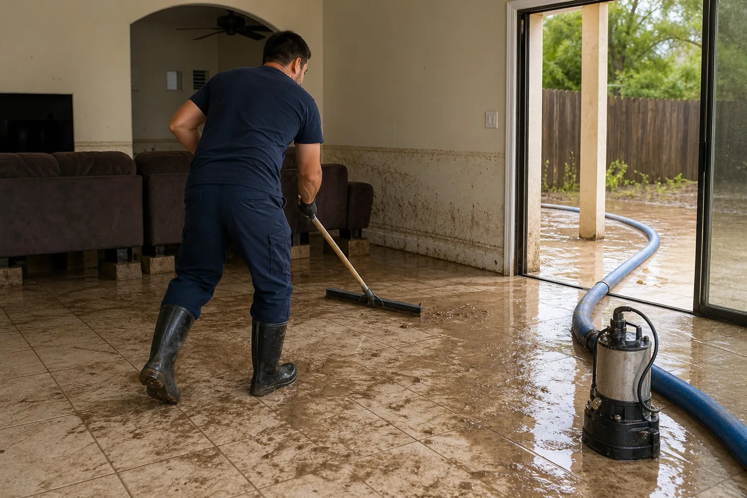 A technician clearing floodwater from a tiled family room toward a sliding door - for Storm and Flood Damage in Chula Vista, CA