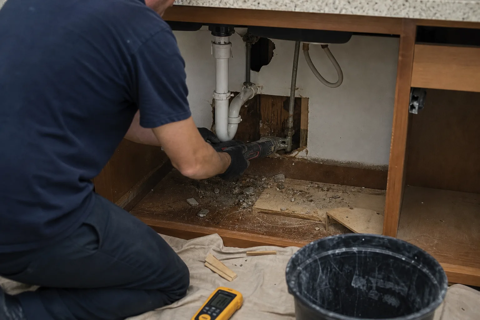 A technician cutting out wet drywall beneath a kitchen sink - for Pipe, Appliance and Sewage Water Damage in Chula Vista, CA