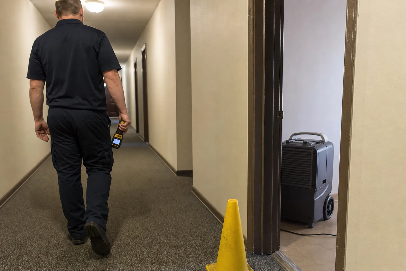 A technician checking a multi-unit building corridor with a moisture meter - for Property-Specific Water Damage in Chula Vista, CA