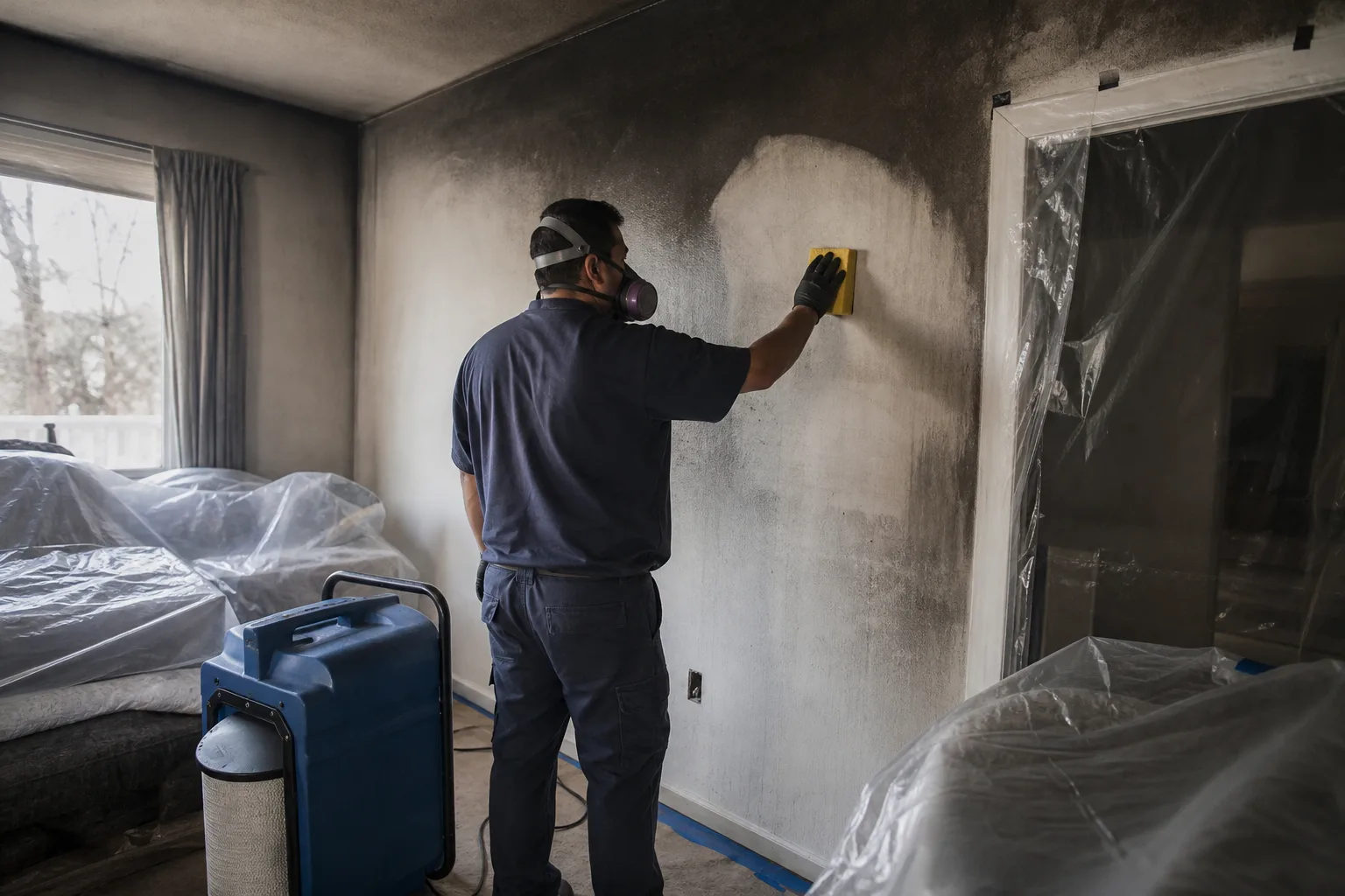 A technician cleaning soot from a living-room wall beside a running HEPA air scrubber - for Fire and Smoke Damage Restoration in Chula Vista, CA