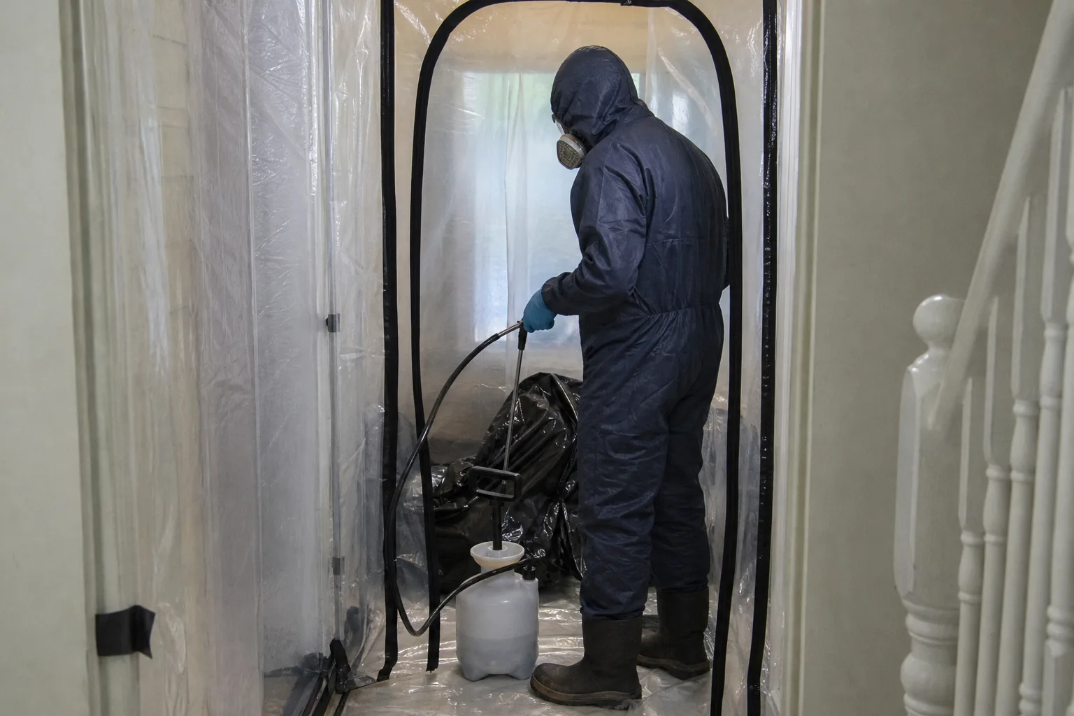 A technician in protective gear working inside a sealed containment area - for Sewage Backup Cleanup in Chula Vista, CA
