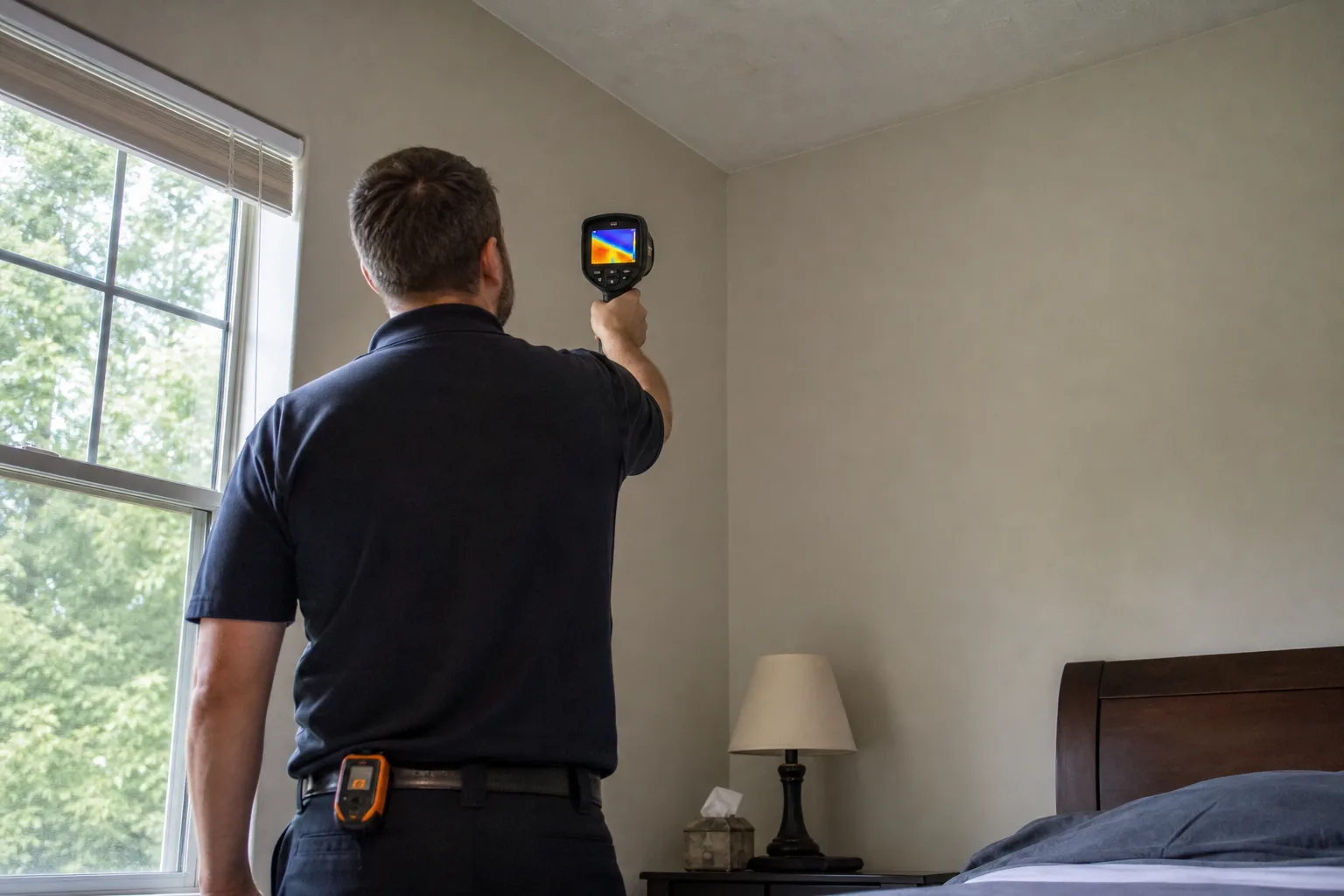 A technician scanning a bedroom wall and ceiling with a thermal imaging camera - for Ceiling and Wall Water Damage in Chula Vista, CA