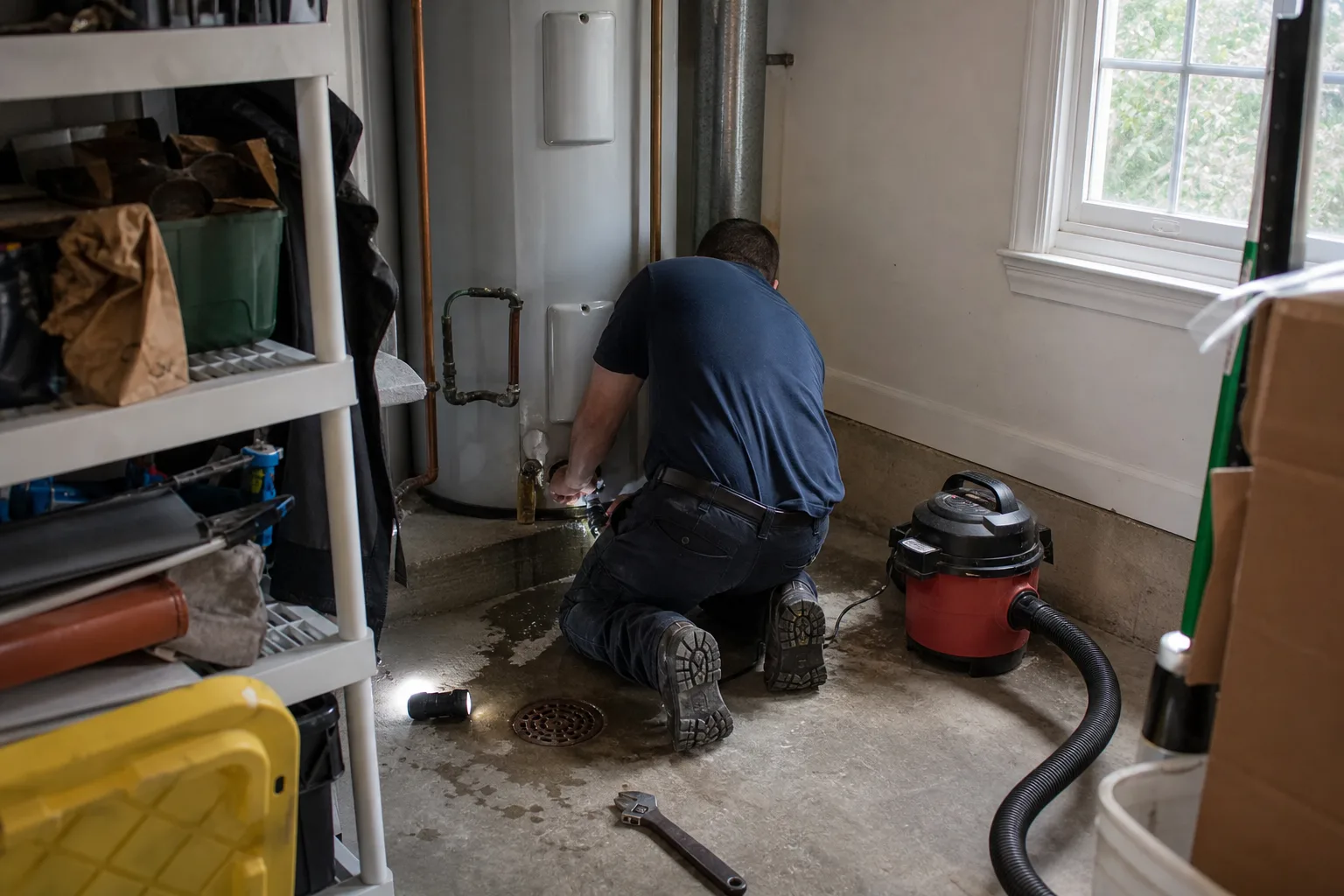 A technician checking a water heater area in a garage utility corner - for Water Heater Leak Damage in Chula Vista, CA