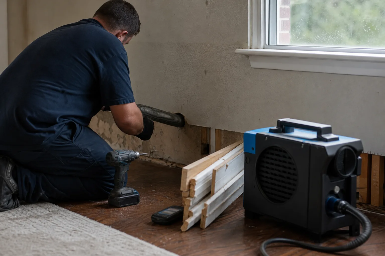 A technician connecting a drying hose to a hole in the base of a wall - for Water in the Walls After a Storm in Chula Vista, CA